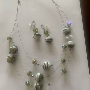 WIRED 3 STRAND BEADED LAYERED NECKLACE WITH MATCHING PIERCED EARRINGS